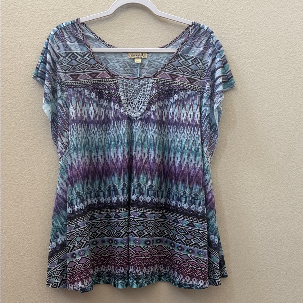 ONE WORLD Purple and Blue Geometric Blouse